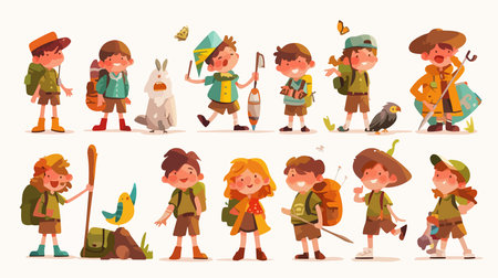 Set of cute kids in scout uniform. Vector illustration in cartoon styleのイラスト素材