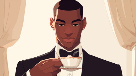 Vector illustration of a young man in a tuxedo drinking coffeeのイラスト素材