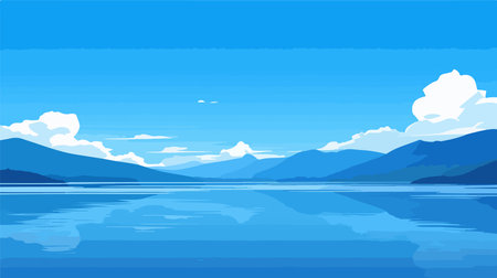 Beautiful landscape with mountains, lake and clouds. Vector illustration.のイラスト素材