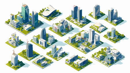 Isometric city set with skyscrapers and buildings isolated vector illustrationのイラスト素材