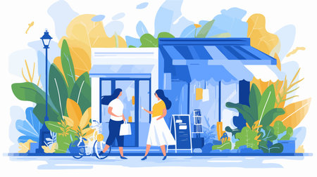 Flat design vector illustration concept of a small business with people standing in front of the store.のイラスト素材