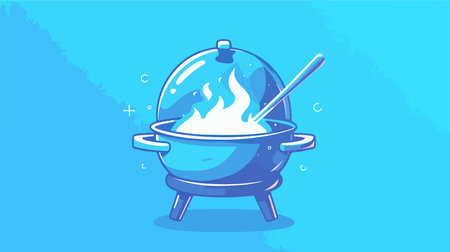 Illustration of a hot pot with a spoon on a blue backgroundのイラスト素材