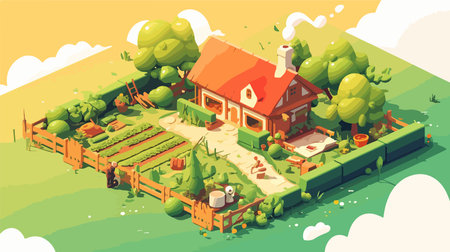 Vector isometric illustration of a farm house with a garden and a garden.のイラスト素材