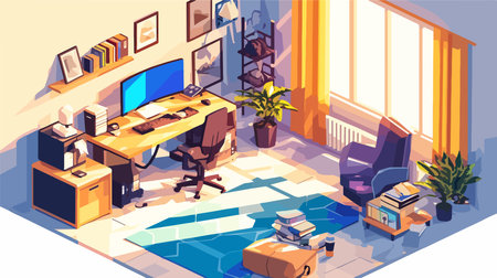 Vector isometric illustration of home office interior with furniture and personal stuffのイラスト素材