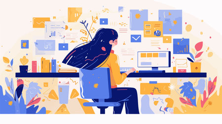 Freelance, remote work concept. Young woman working on computer at home office. Vector flat illustrationのイラスト素材