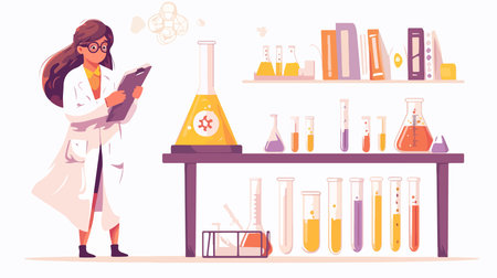 Scientist woman working in laboratory. Female scientist in lab coat and eyeglasses holding clipboard. Vector illustration in flat styleのイラスト素材