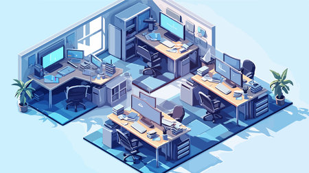 Vector isometric illustration of an office interior with computers and equipment.のイラスト素材