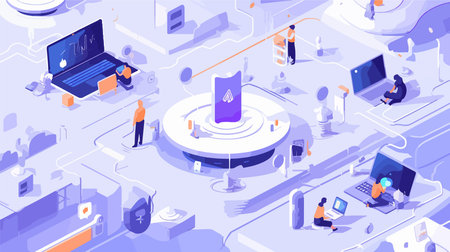 Isometric 3d vector illustration of business people working in office.のイラスト素材