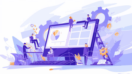 Vector illustration of people working on computer. Teamwork and collaboration concept.のイラスト素材
