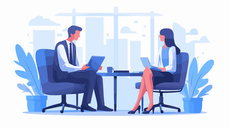Businesspeople Working on Laptop in Office. Man and Woman Working on Laptop at Workplace. Teamwork, Teamwork, Brainstorming Flat Vector Illustrationのイラスト素材