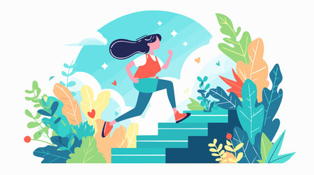 Young woman running up the stairs in the park. Flat vector illustration.のイラスト素材