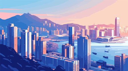 Cityscape with skyscrapers and mountains at sunset. Vector illustrationのイラスト素材