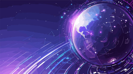 Vector illustration of abstract technology concept background with world map and glowing starsのイラスト素材