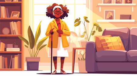 African american old woman with walking stick standing in living room vector illustrationのイラスト素材