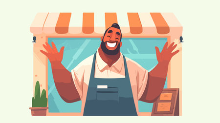 Smiling African-American man in apron and apron standing in front of the store.のイラスト素材