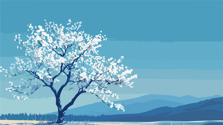 Spring landscape with a blossoming tree and mountains. Vector illustration.のイラスト素材
