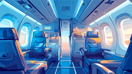 Airplane interior with seats and seats. Vector cartoon illustration of airplane interior.のイラスト素材