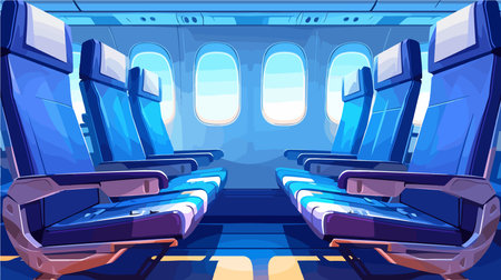 Airplane interior with seats and windows. Vector illustration in cartoon styleのイラスト素材