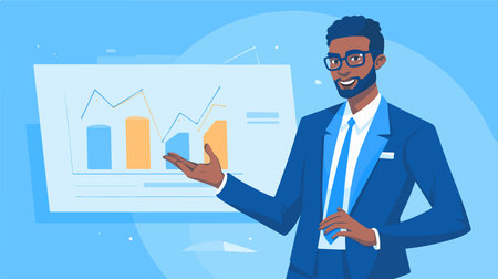 Smiling african-american businessman presenting a graph on a whiteboard.のイラスト素材