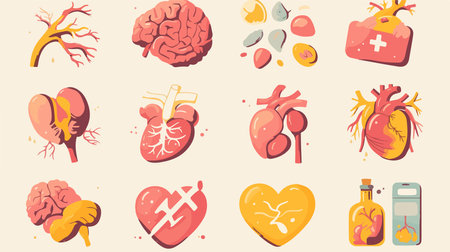 Set of vector icons of human organs. Heart, lungs, heart, liver, heart, heart, kidney, brain, heart, heart, heart, heart, heart, brain, heart, liver, heart, heart, liver, heart, blood vessel, heartのイラスト素材