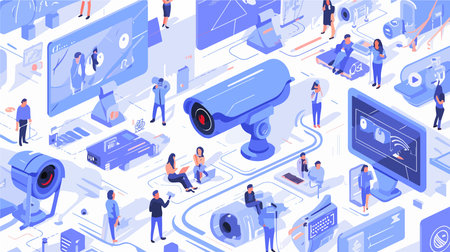 Isometric video surveillance concept. 3d isometric vector illustration.のイラスト素材