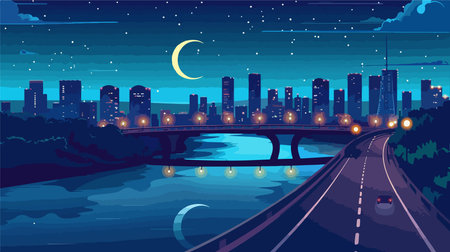 Night city landscape with road and bridge. Vector illustration in flat styleのイラスト素材