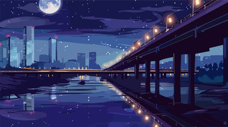 Night cityscape with bridge and river. Vector illustration in flat styleのイラスト素材