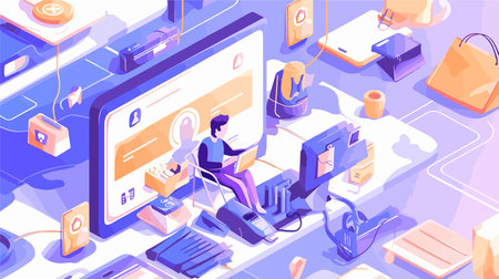 Online shopping isometric composition with man using laptop and credit card on screen vector illustrationのイラスト素材