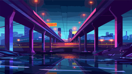 Vector illustration of a night city street with a bridge and cars.のイラスト素材