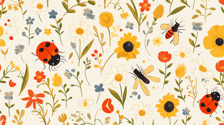 Seamless pattern with ladybugs and flowers. Vector illustration.のイラスト素材