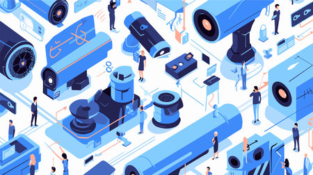 Isometric security camera concept with people and security equipment. Vector illustrationのイラスト素材