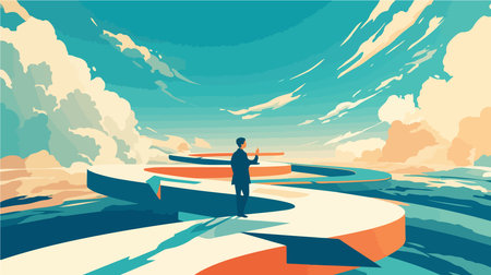 Businessman in the boat sails on the sea. Vector illustration.のイラスト素材