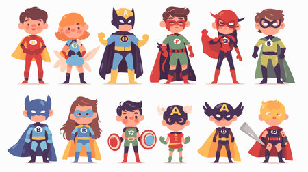Superhero kids characters in different poses and actions, vector illustration.のイラスト素材