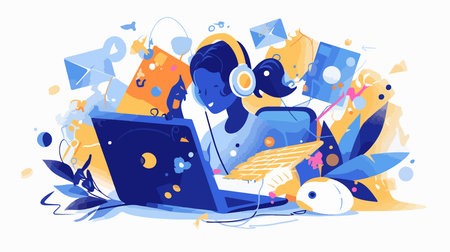 Flat vector illustration of a girl working on a laptop and headphones.のイラスト素材