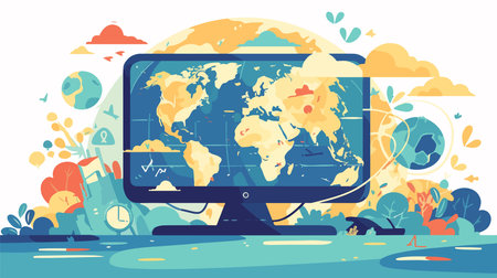 World map on computer screen flat vector illustration. World map on computer screen. Global communication, travel and networking concept.のイラスト素材