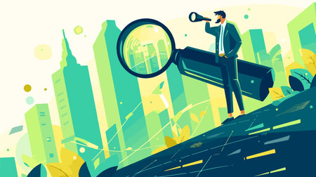 Businessman looking through a magnifying glass on a city street. Vector illustrationのイラスト素材