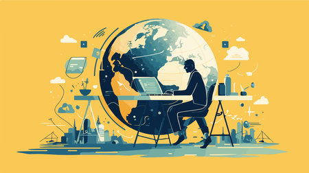Global business concept vector illustration. Man working on laptop at his desk.のイラスト素材