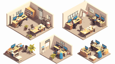 Isometric office interior. Workplace with computer, desk, chair and plants. Workplace at home. Vector illustrationのイラスト素材