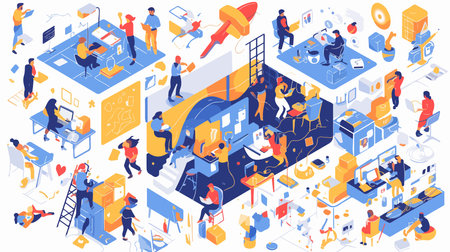 Isometric business people working in office. Teamwork concept. Vector illustrationのイラスト素材