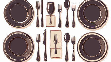 Vector illustration of a set of black plates, cutlery.のイラスト素材