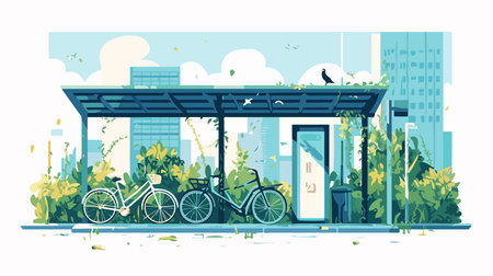 Bicycles in front of bus stop. Vector illustration in flat styleのイラスト素材