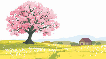 Spring landscape with cherry blossom tree and rural house. Vector illustration.のイラスト素材