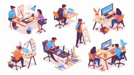 Isometric people working in office. Freelance workers at workplace.のイラスト素材
