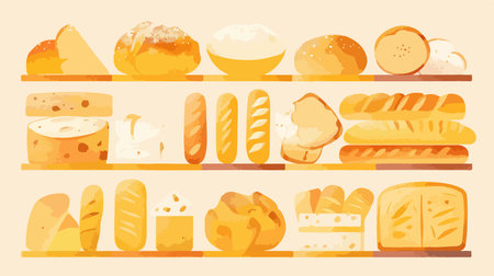 Bread shop shelves with different types of bread. Vector illustration.のイラスト素材