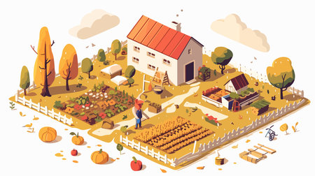 Autumn harvest isometric composition with rural house and barn and wooden fence vector illustrationのイラスト素材