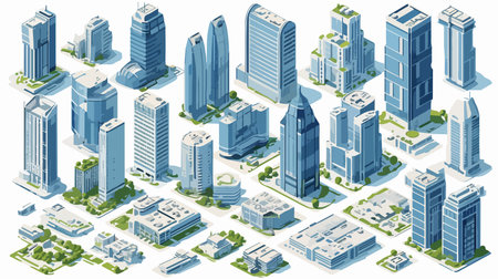 Isometric set of modern city buildings and skyscrapers. Vector illustration.のイラスト素材
