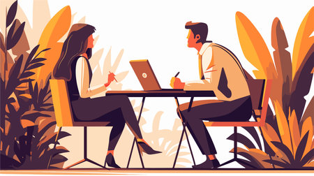 Businessman and businesswoman sitting at table in cafe and working on laptop. Man and woman drinking coffee and talking. Flat vector illustrationのイラスト素材