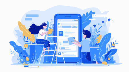 Mobile app development concept in flat design. Man and woman looking at smartphone screen. Vector illustration.のイラスト素材
