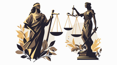 Statue of justice and scales of justice. Statue of justice in engraving style.のイラスト素材