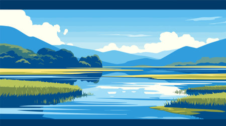Landscape with lake and mountains. Vector illustration in blue tones.のイラスト素材